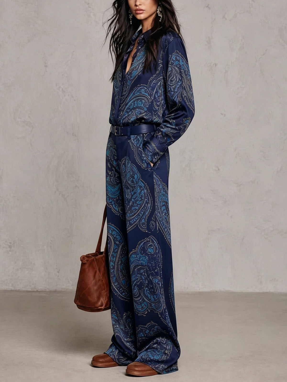 Victoria | Paisley Print Satin Long-Sleeve Shirt & Wide-Leg Trouser Set