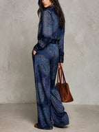 Victoria | Paisley Print Satin Long-Sleeve Shirt & Wide-Leg Trouser Set