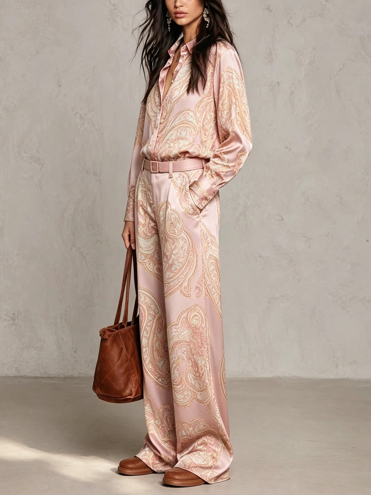 Victoria | Paisley Print Satin Long-Sleeve Shirt & Wide-Leg Trouser Set