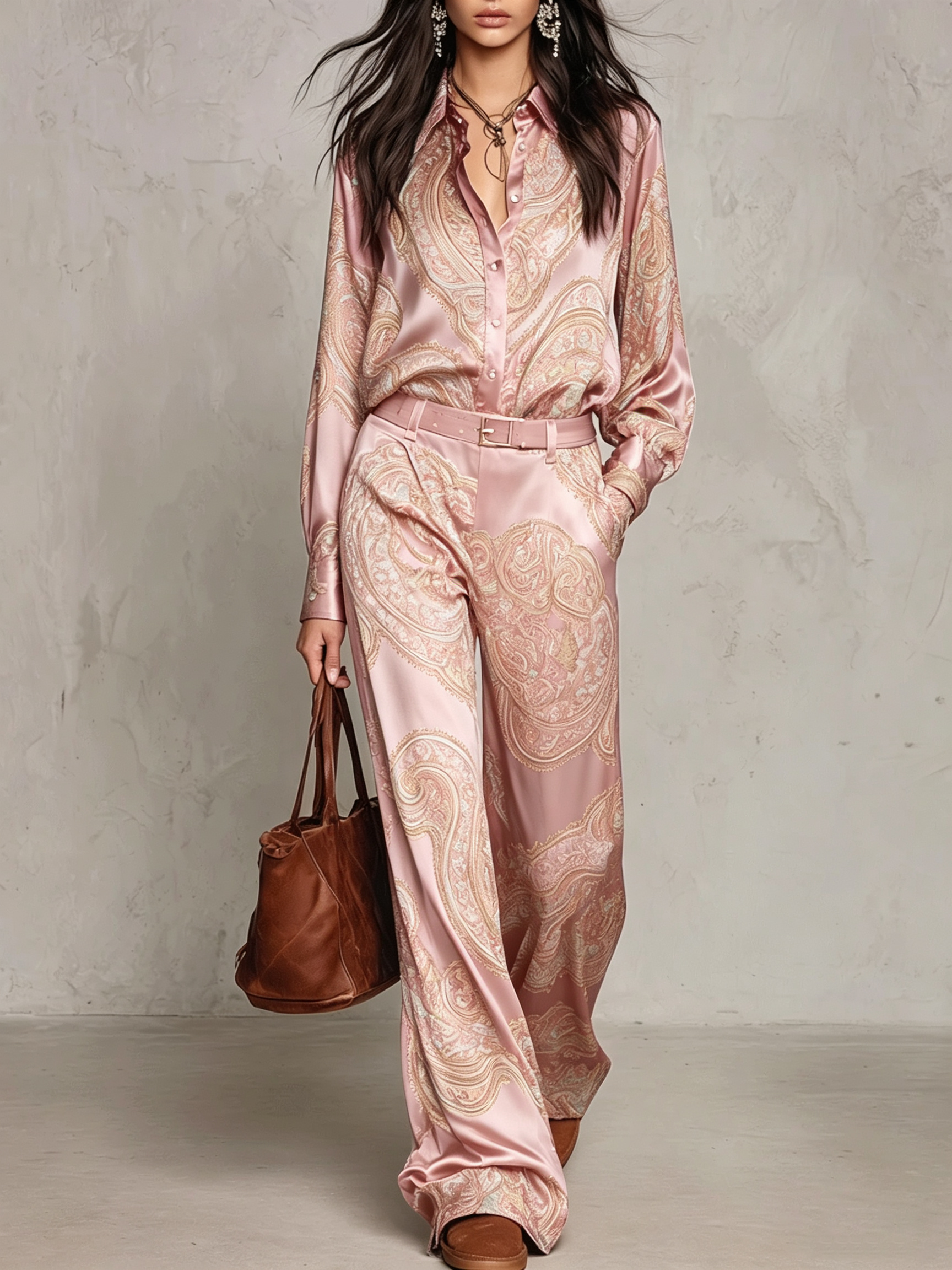 Victoria | Paisley Print Satin Long-Sleeve Shirt & Wide-Leg Trouser Set