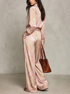 Victoria | Paisley Print Satin Long-Sleeve Shirt & Wide-Leg Trouser Set