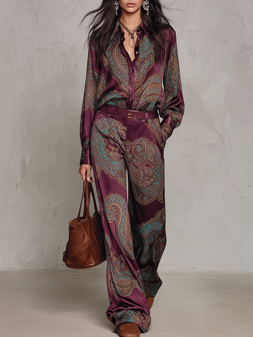 Victoria | Paisley Print Satin Long-Sleeve Shirt & Wide-Leg Trouser Set