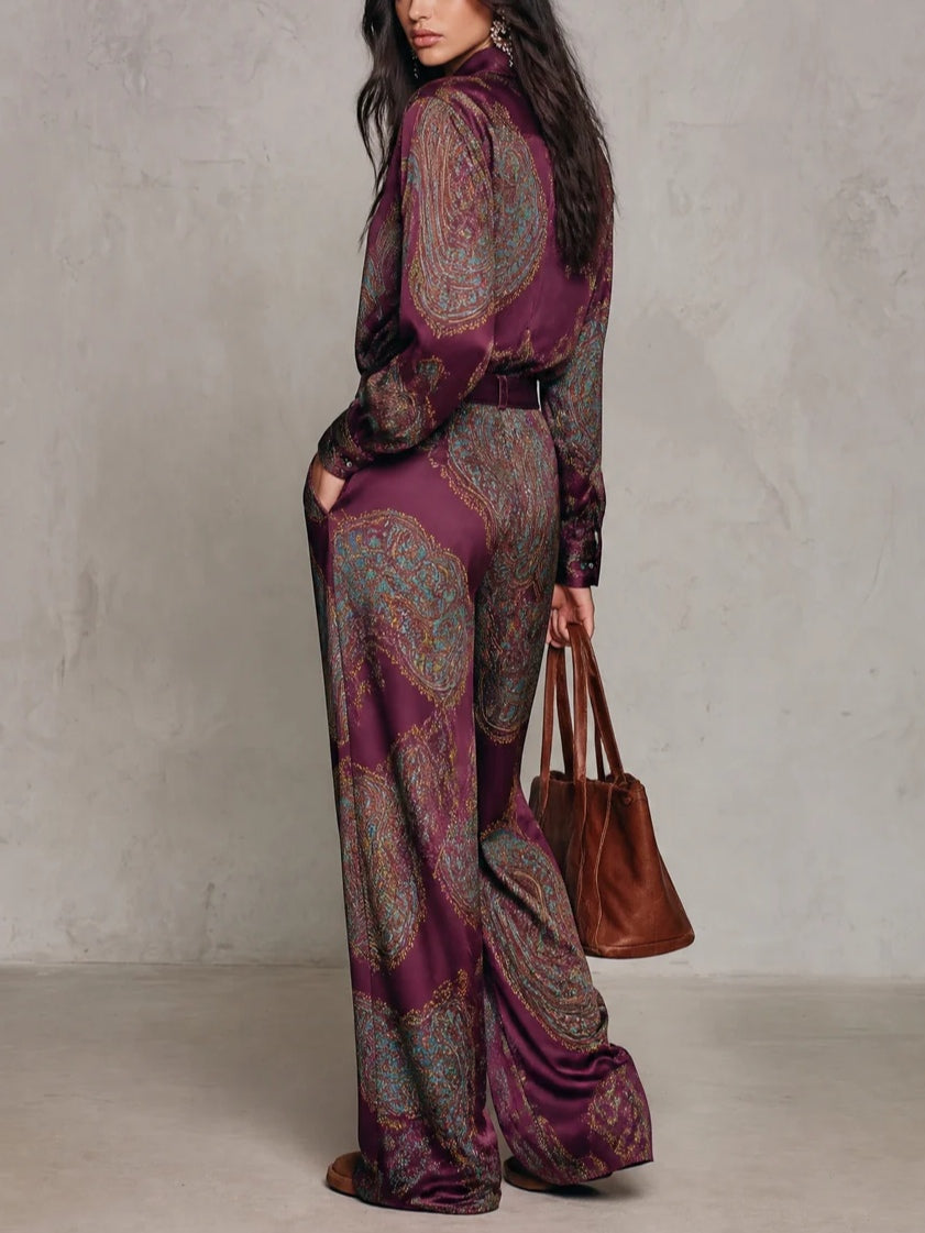 Victoria | Paisley Print Satin Long-Sleeve Shirt & Wide-Leg Trouser Set