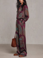 Victoria | Paisley Print Satin Long-Sleeve Shirt & Wide-Leg Trouser Set