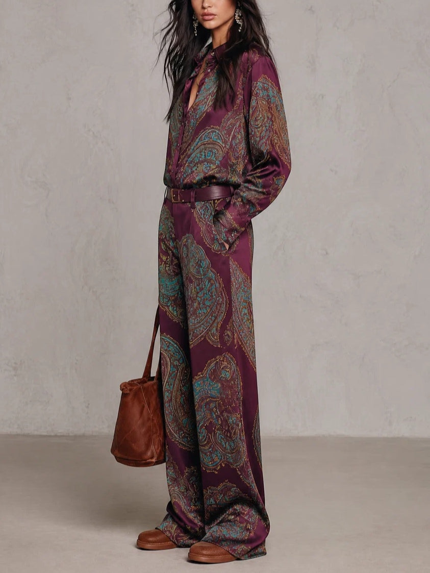 Victoria | Paisley Print Satin Long-Sleeve Shirt & Wide-Leg Trouser Set