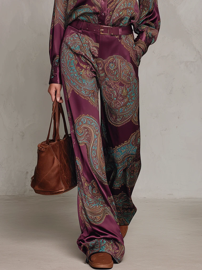 Victoria | Paisley Print Satin Long-Sleeve Shirt & Wide-Leg Trouser Set