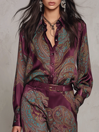 Victoria | Paisley Print Satin Long-Sleeve Shirt & Wide-Leg Trouser Set