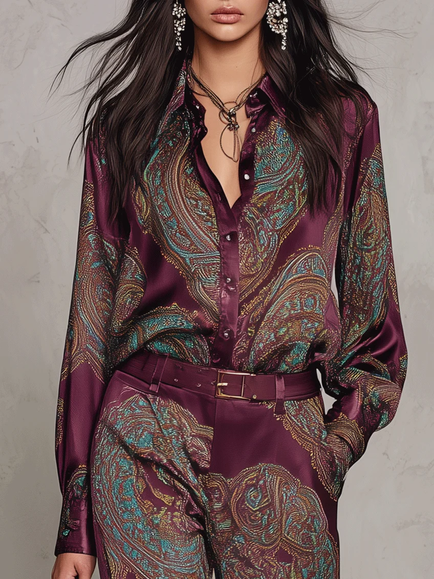 Victoria | Paisley Print Satin Long-Sleeve Shirt & Wide-Leg Trouser Set