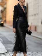 Edna | Black Blazer-Style Midi Dress with Sequin Fringe