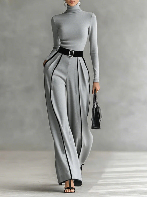 Adèle | High Neck Set with White Trim and Wide Pants