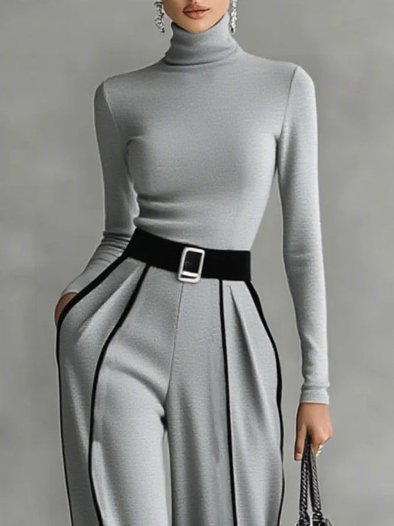 Adèle | High Neck Set with White Trim and Wide Pants