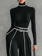Adèle | High Neck Set with White Trim and Wide Pants