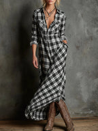 Margaux | Long Shirt Dress with Green Gingham Collar
