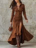 Evara ❘ Retro Brown Long Dress with Ruffles