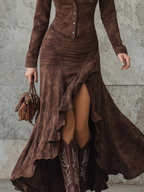Evara ❘ Retro Brown Long Dress with Ruffles