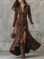 Evara ❘ Retro Brown Long Dress with Ruffles