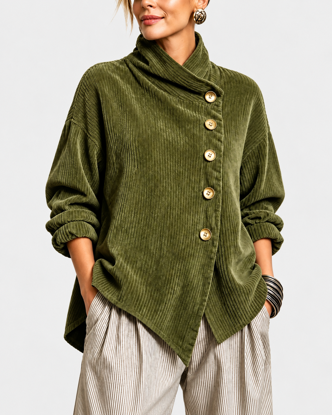 Ninah | Asymmetric Button Corduroy Turtleneck