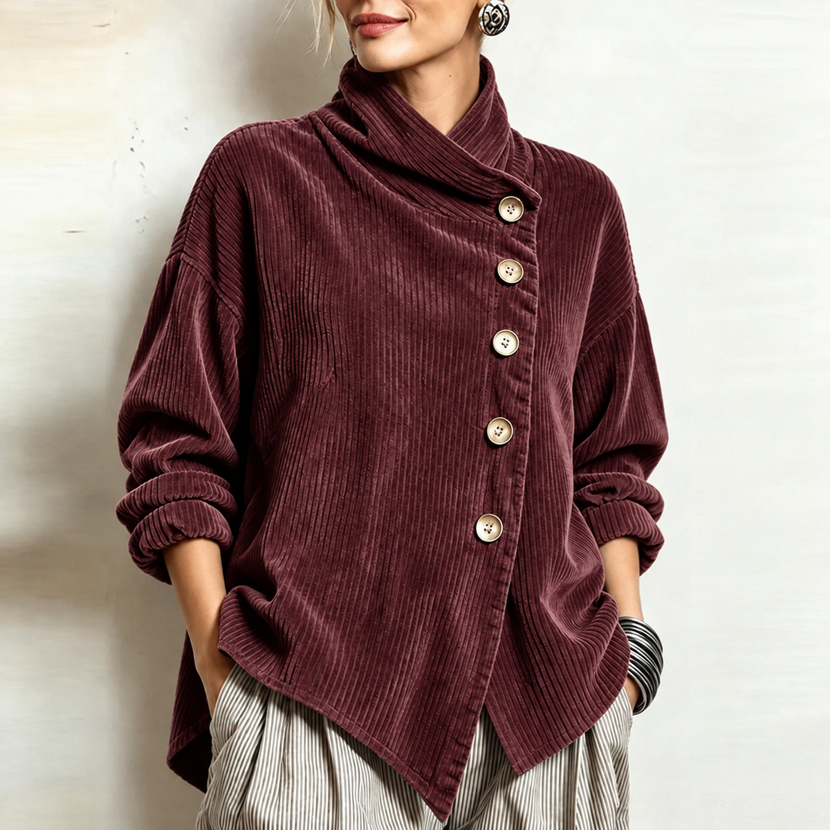 Ninah | Asymmetric Button Corduroy Turtleneck