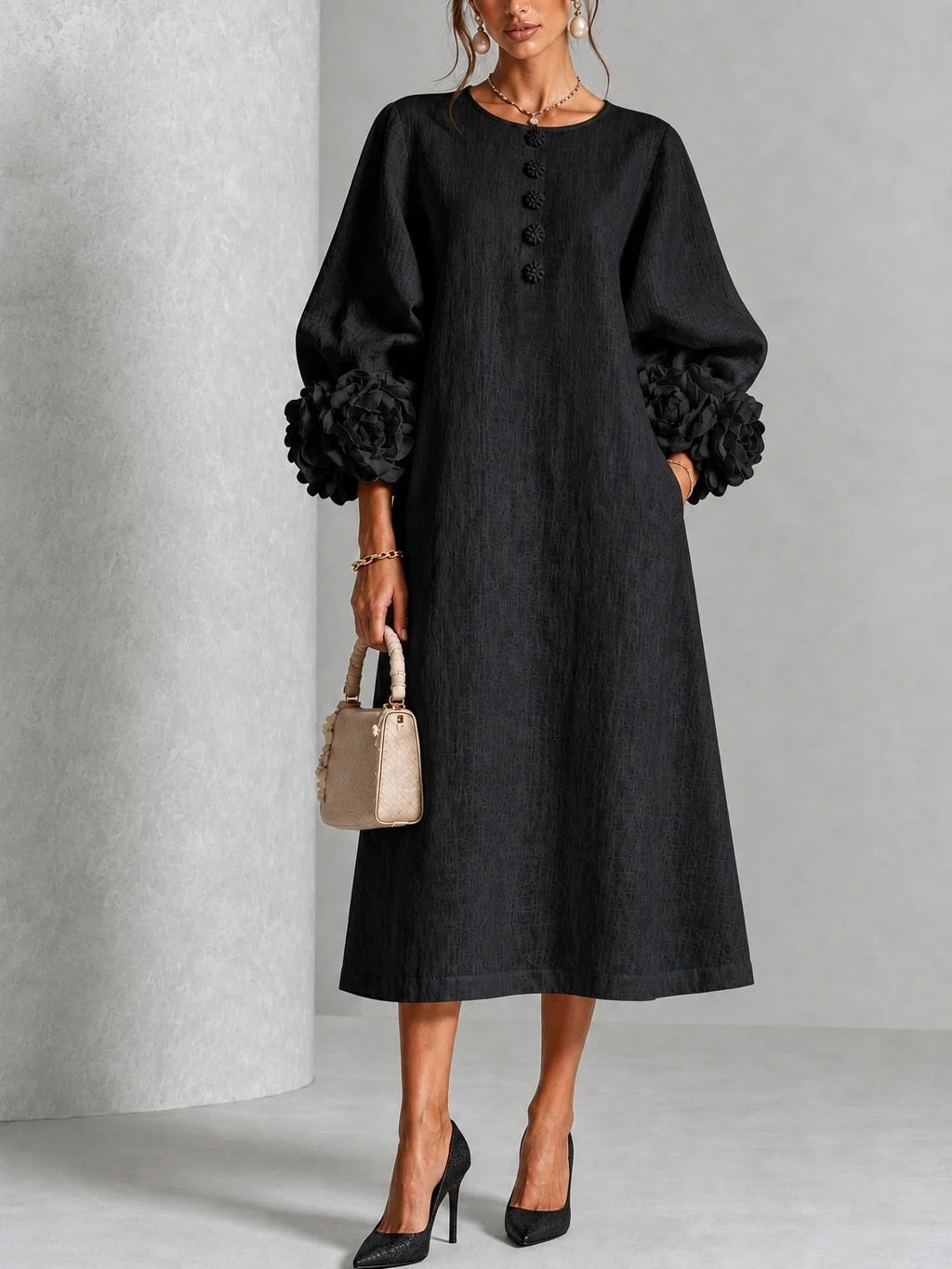 Diane | Floral Midi Dress with Rose-Cuff Sleeves