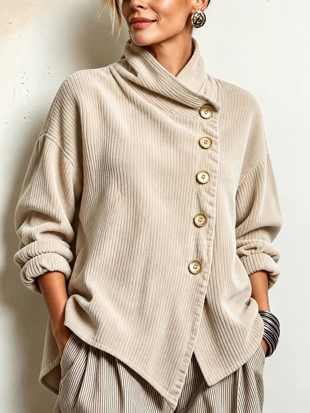 Ninah | Asymmetric Button Corduroy Turtleneck