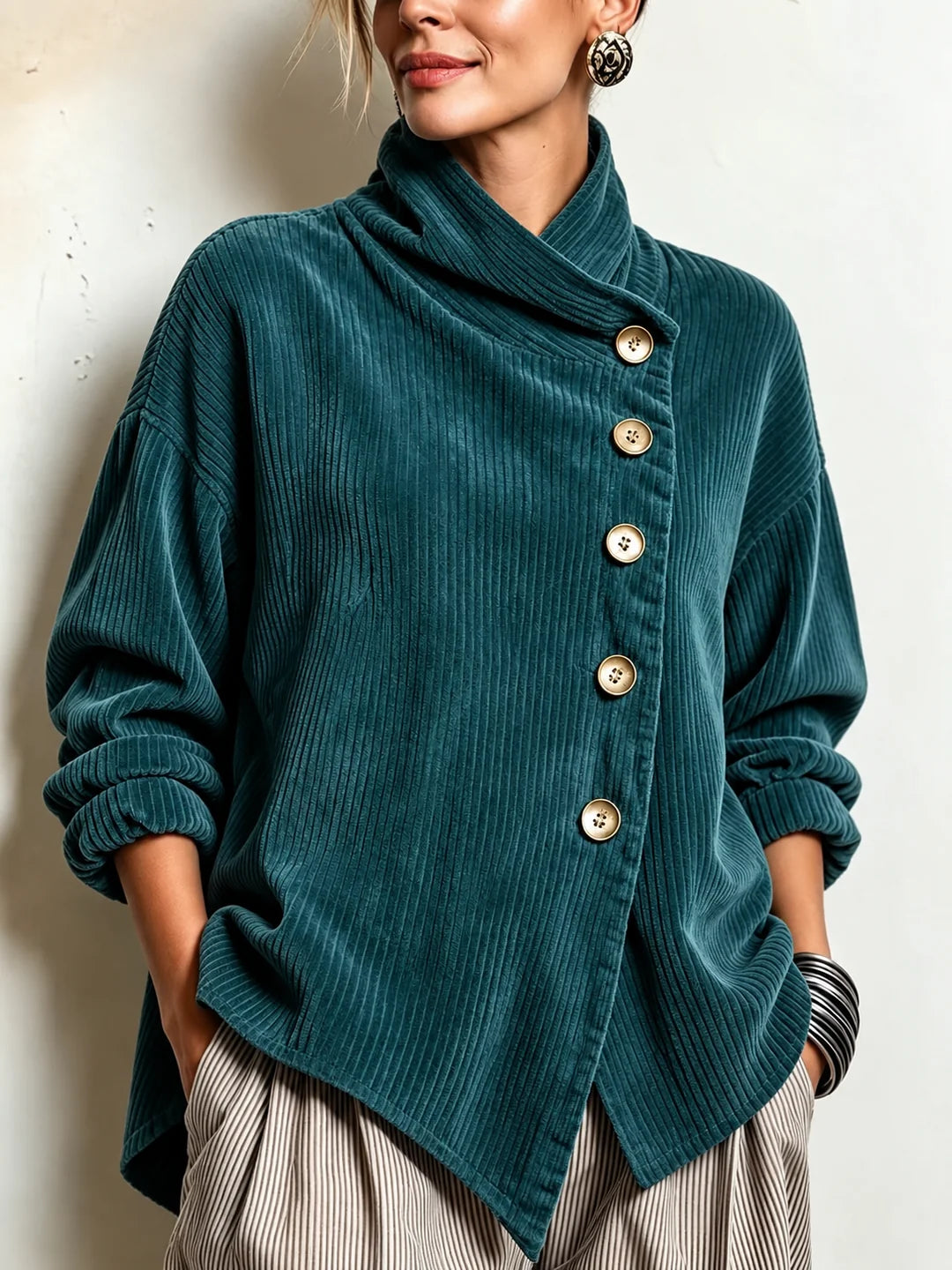 Ninah | Asymmetric Button Corduroy Turtleneck
