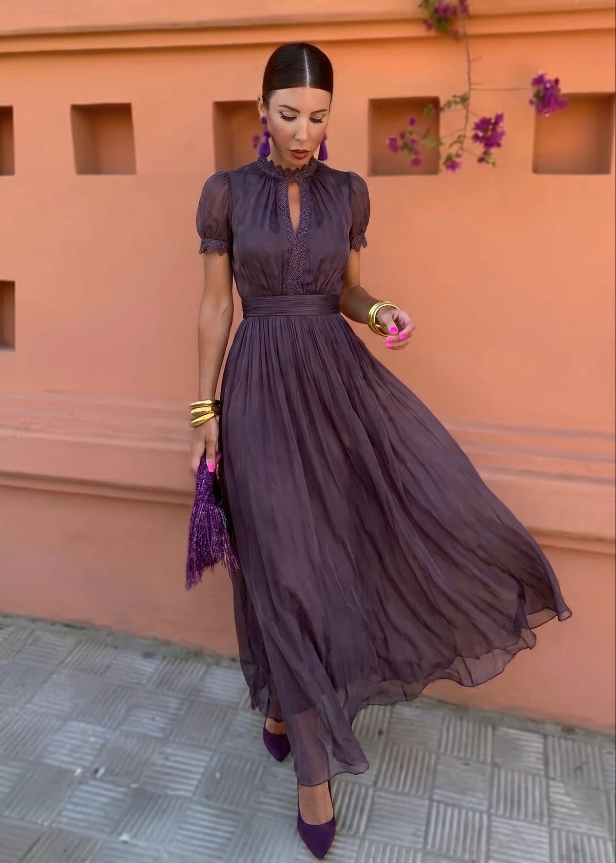 Katerina | Aubergine high-neck maxi dress with puff sleeves