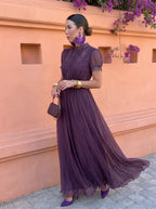 Katerina | Aubergine high-neck maxi dress with puff sleeves