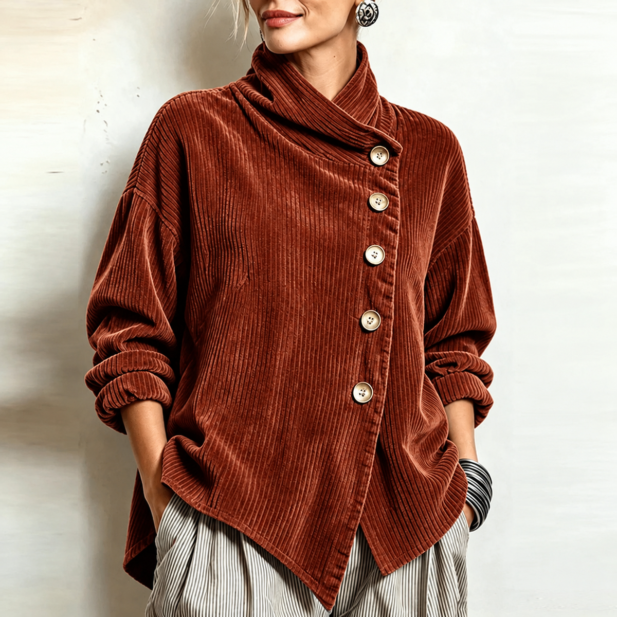 Ninah | Asymmetric Button Corduroy Turtleneck