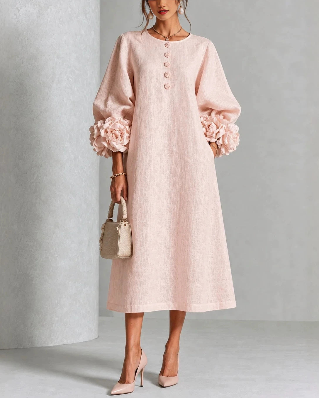 Diane | Floral Midi Dress with Rose-Cuff Sleeves