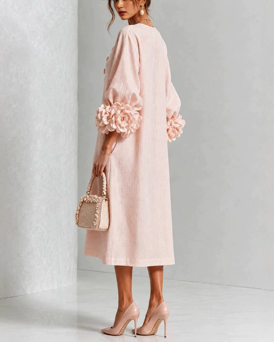Diane | Floral Midi Dress with Rose-Cuff Sleeves