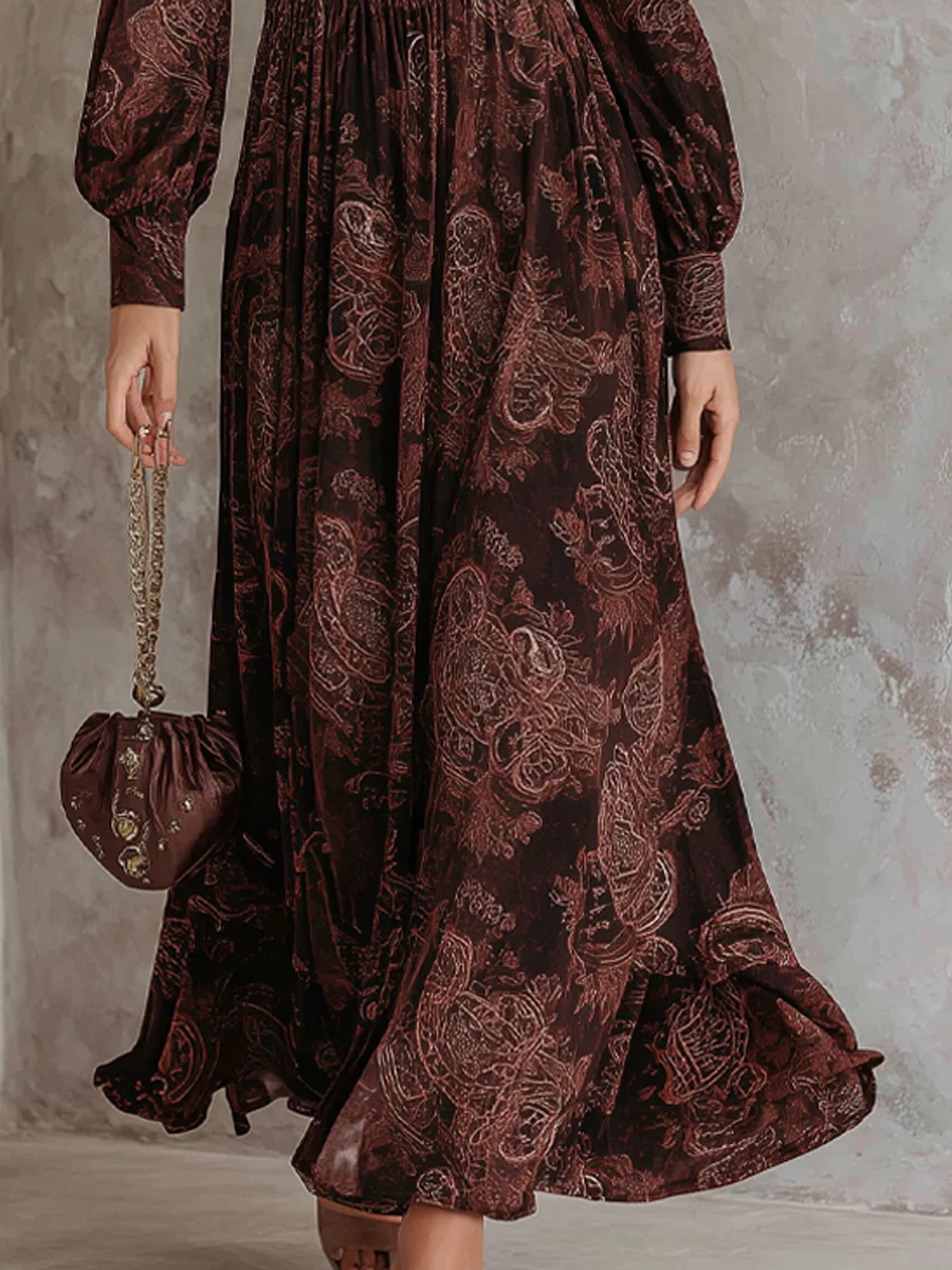 Oriane | Paisley High-Waisted Zip-Neck Maxi Dress