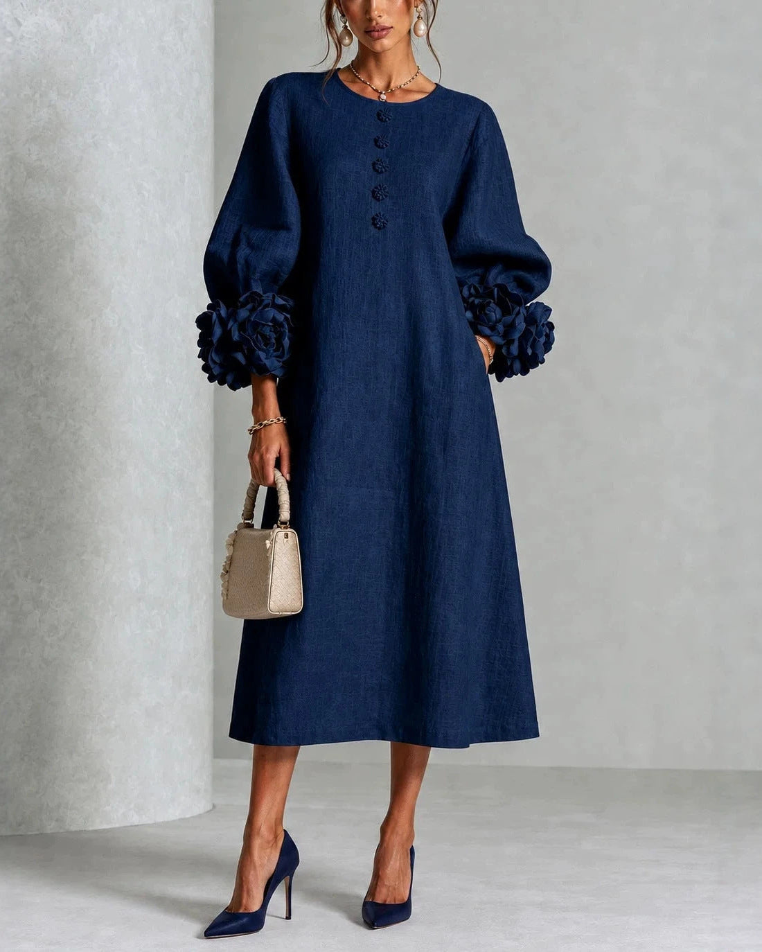 Diane | Floral Midi Dress with Rose-Cuff Sleeves