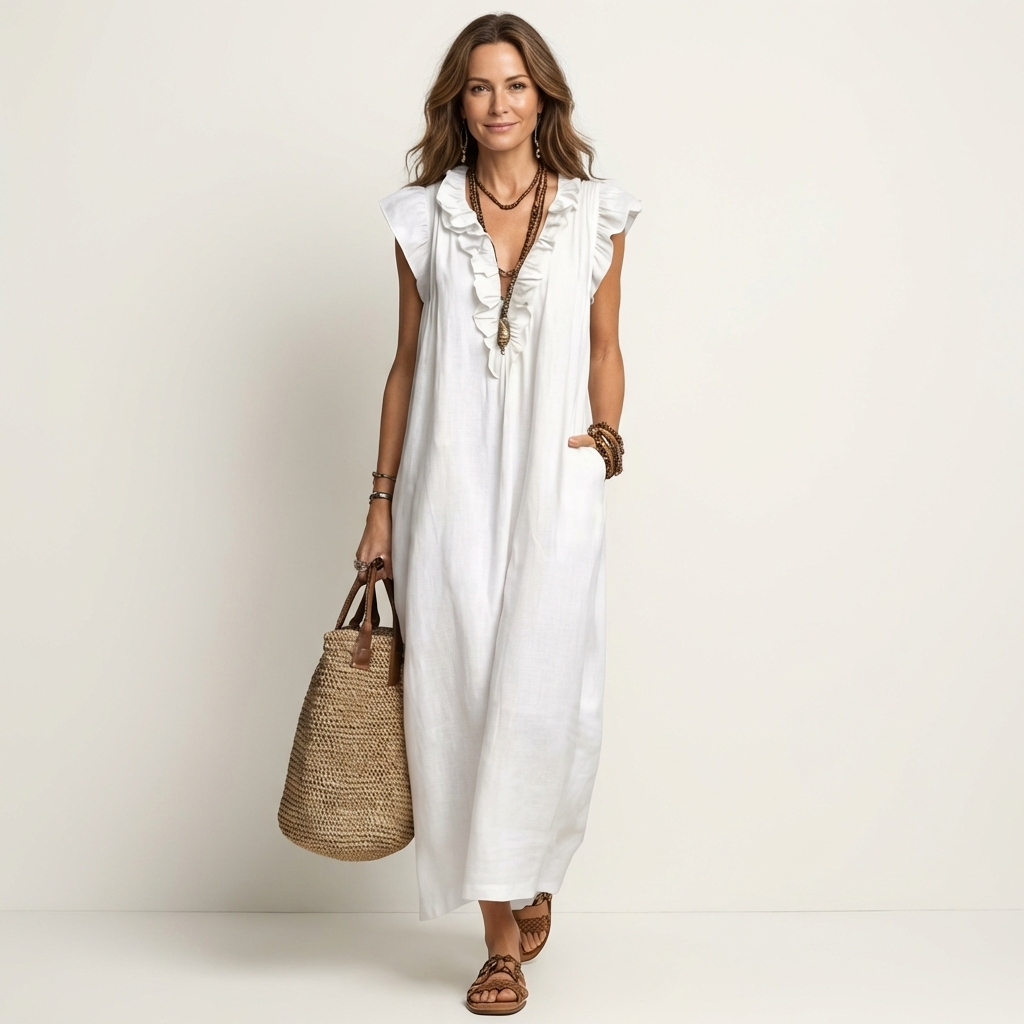 Josette | Ruffled V-neck Linen Maxi Dress