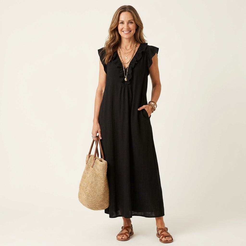 Josette | Ruffled V-neck Linen Maxi Dress