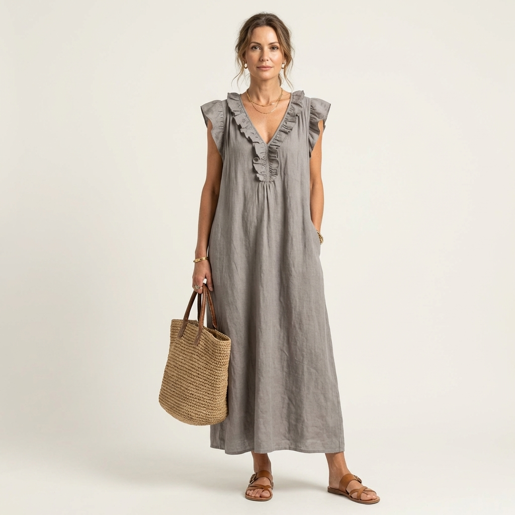 Josette | Ruffled V-neck Linen Maxi Dress