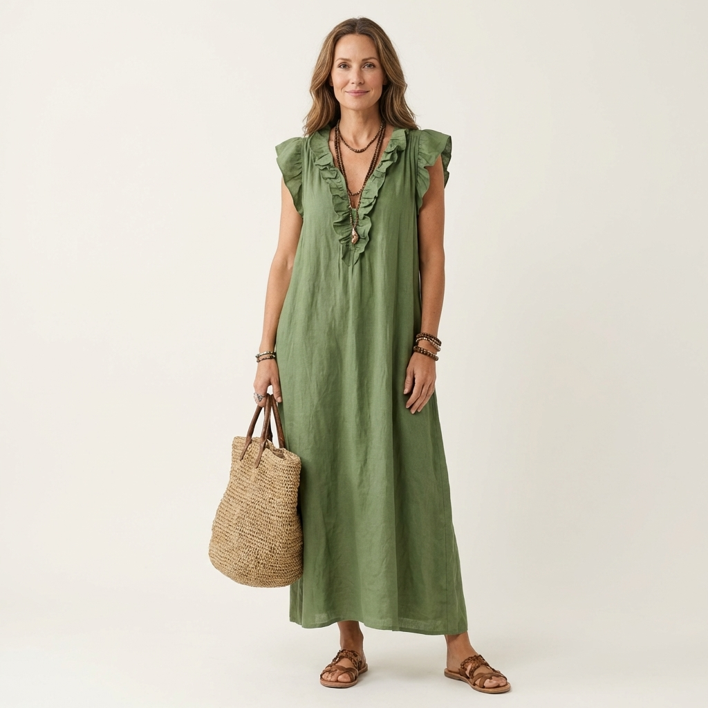 Josette | Ruffled V-Neck Linen Maxi Dress