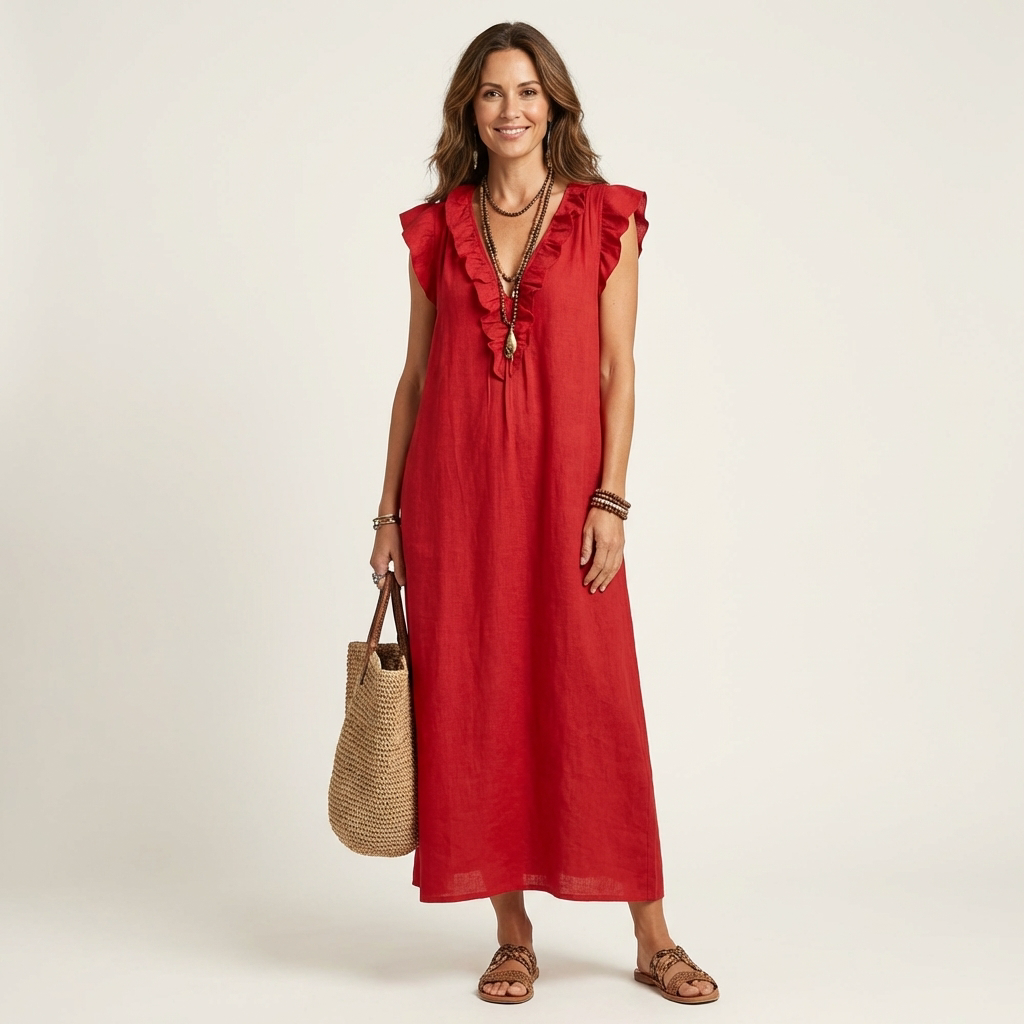 Josette | Ruffled V-Neck Linen Maxi Dress