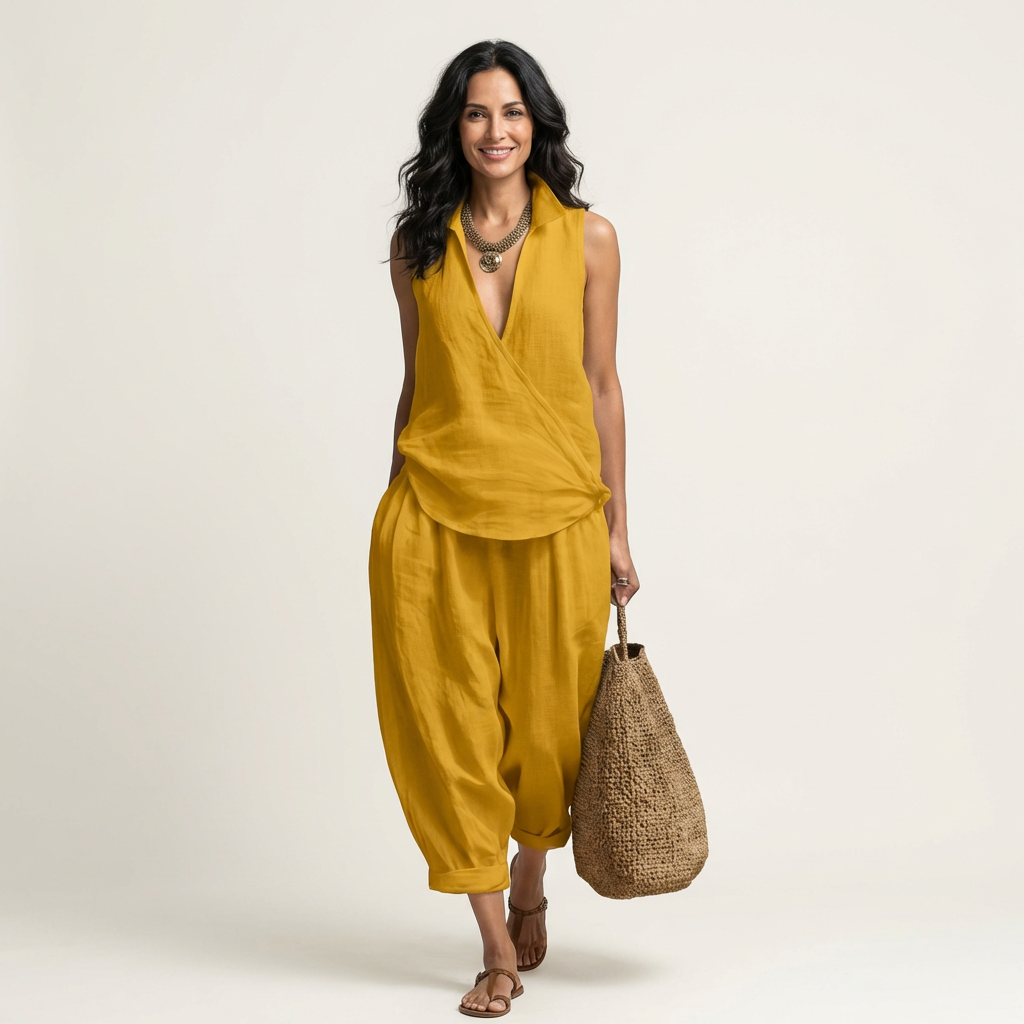 Twiila | Crossover Collared Top & Wide Leg Pants Set