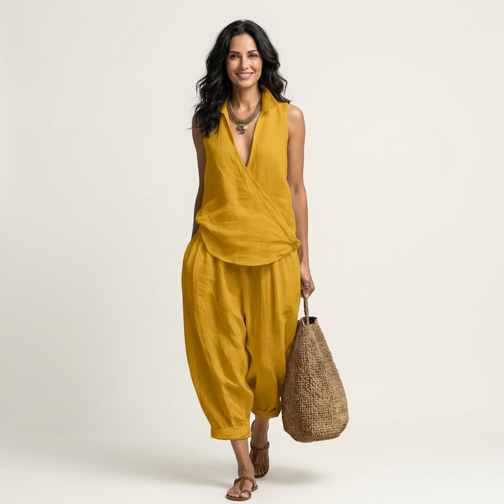 Twiila | Crossover Collared Top & Wide Leg Pants Set