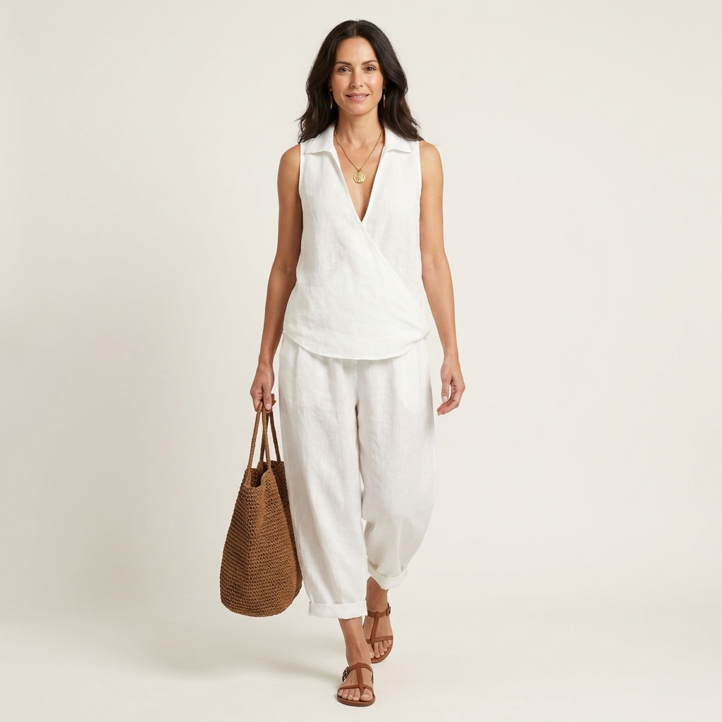 Twiila | Crossover Collared Top & Wide Leg Pants Set