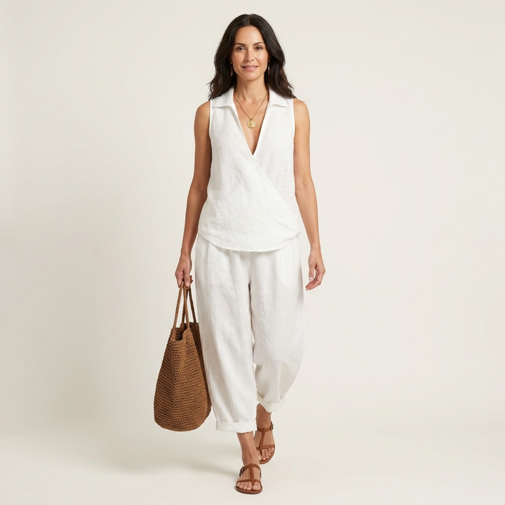 Twiila | Crossover Collared Top & Wide Leg Pants Set