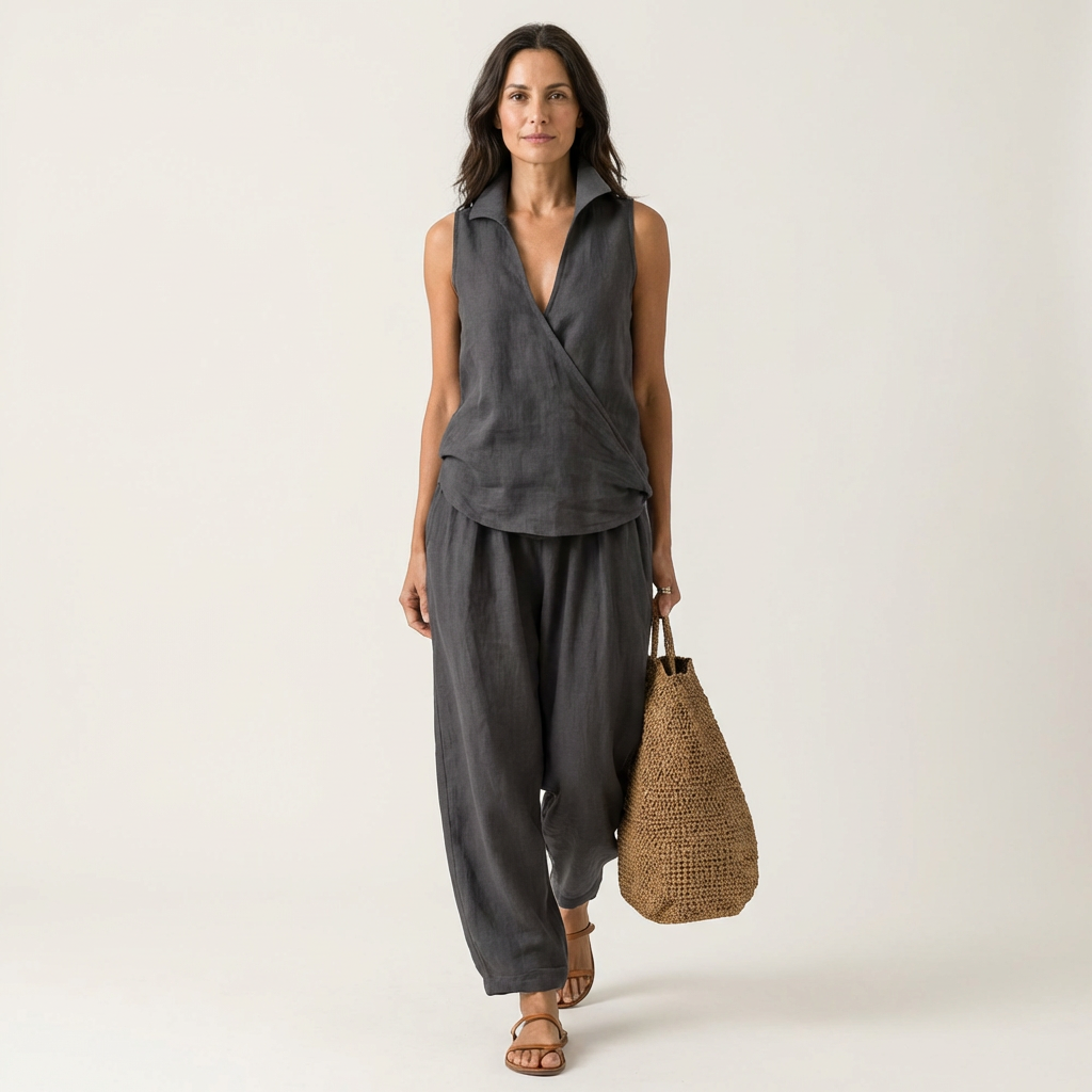 Twiila | Crossover Collared Top & Wide Leg Pants Set