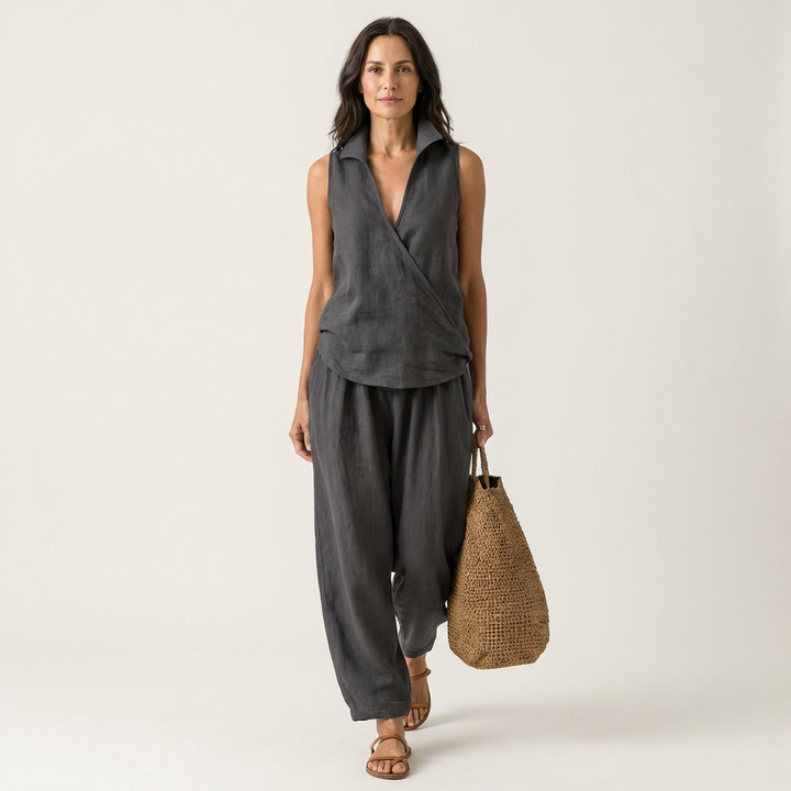 Twiila | Crossover Collared Top & Wide Leg Pants Set