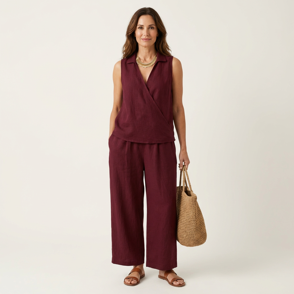 Twiila | Crossover Collared Top & Wide Leg Pants Set