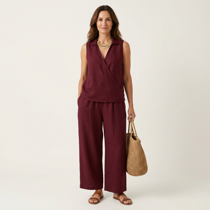 Twiila | Crossover Collared Top & Wide Leg Pants Set