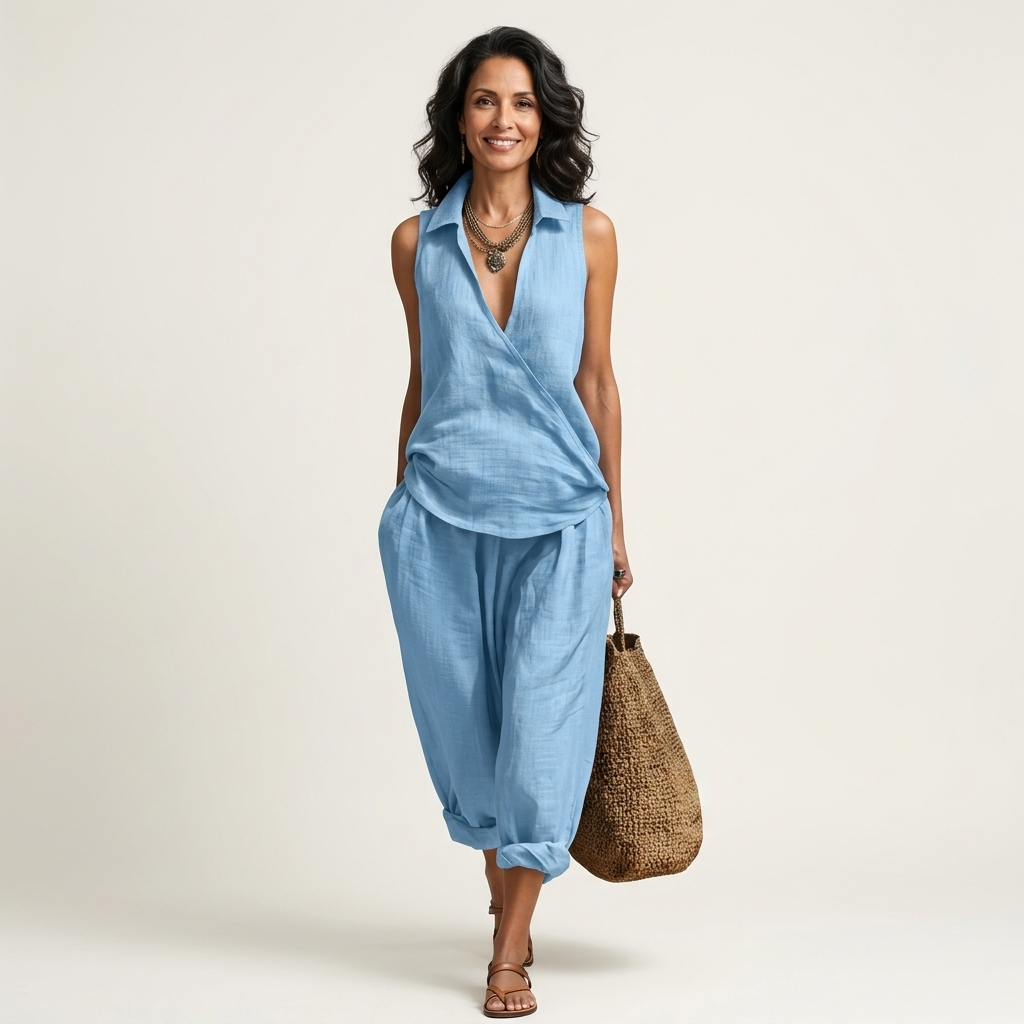 Twiila | Crossover Collared Top & Wide Leg Pants Set