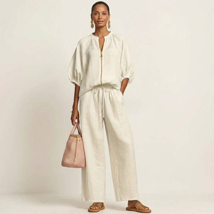 Marlowe | Puff-Sleeve Top and Golden Zipper Skirt Set