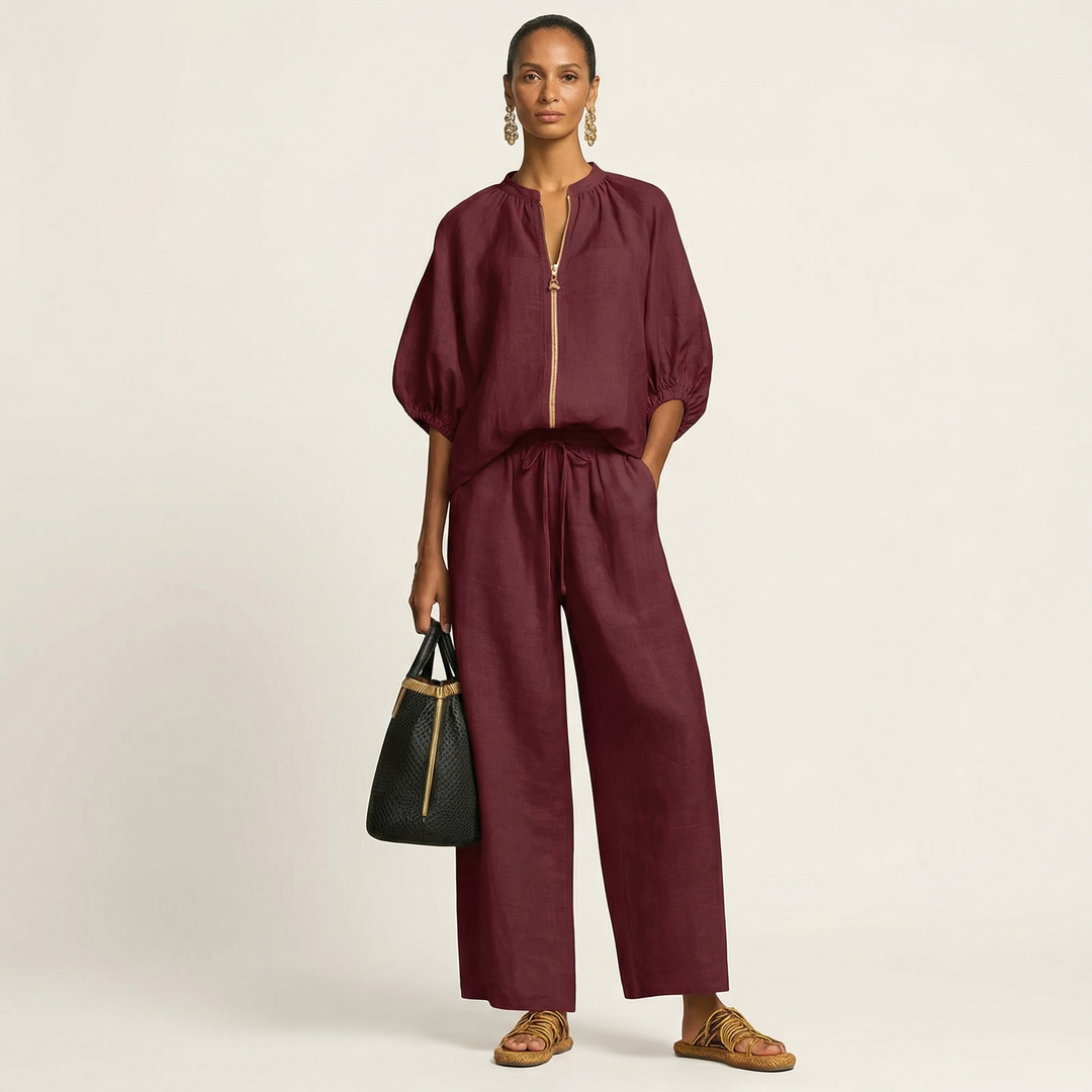 Marlowe | Puff-Sleeve Top and Golden Zipper Skirt Set