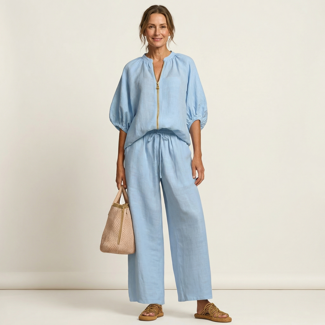 Marlowe | Puff-Sleeve Top and Golden Zipper Skirt Set