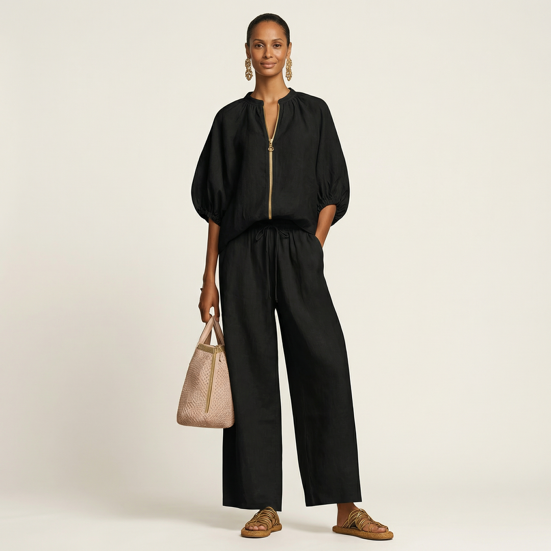 Marlowe | Puff-Sleeve Top and Golden Zipper Skirt Set